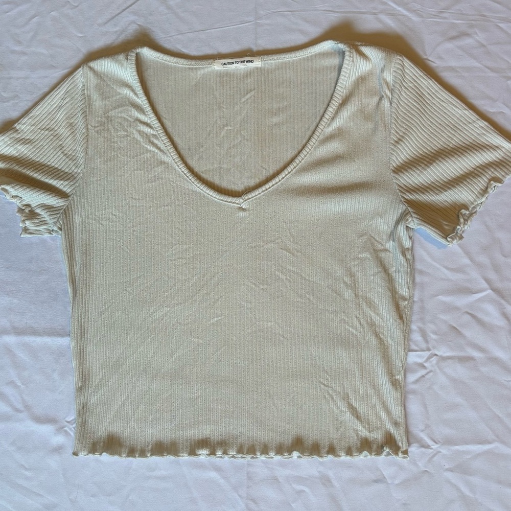 Caution To The Wind Cream Ribbed Cropped Short Sleeve Top